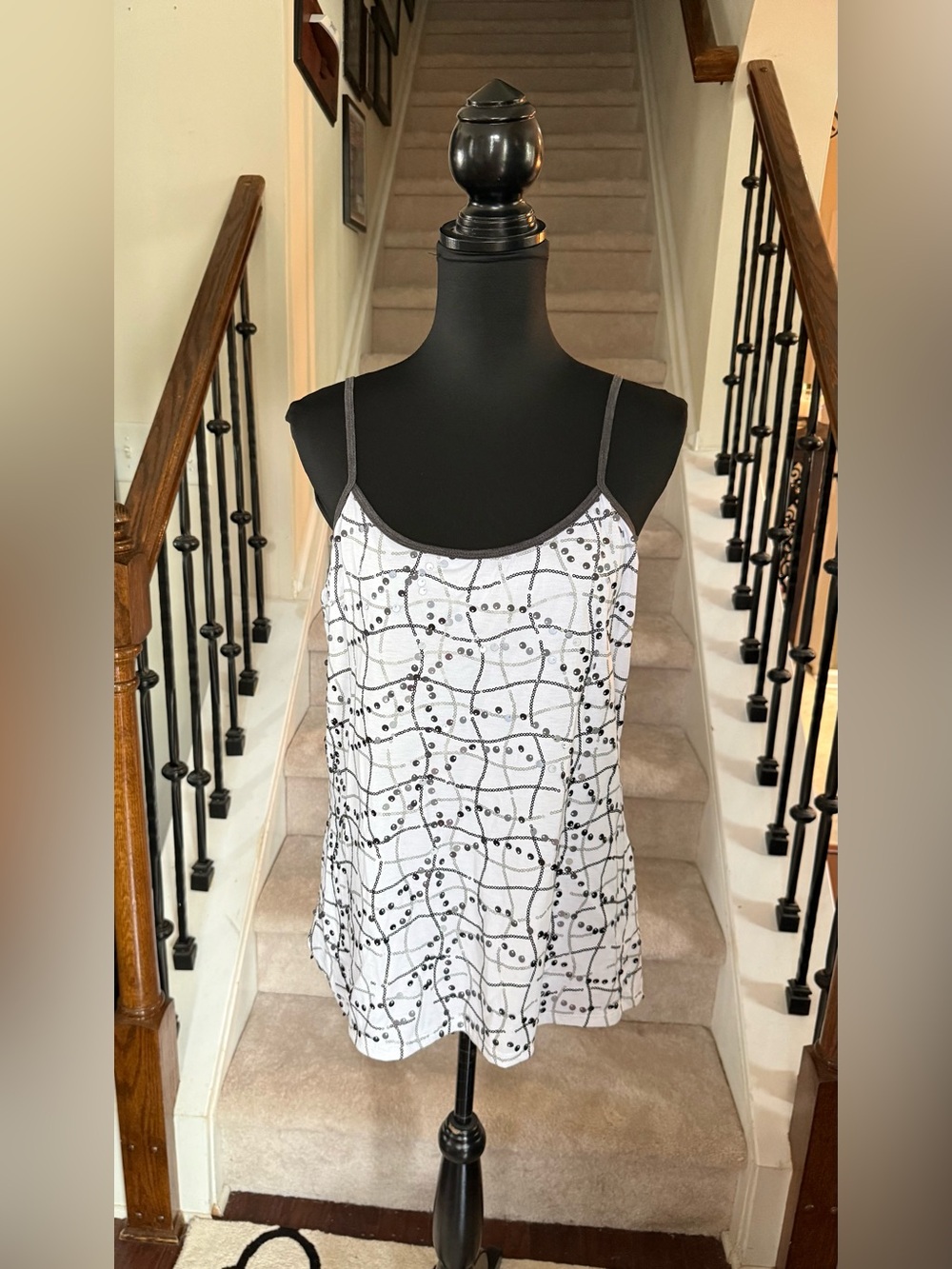 Boutique Essentials White & Black Sequined  Spaghetti-Strap Camisole